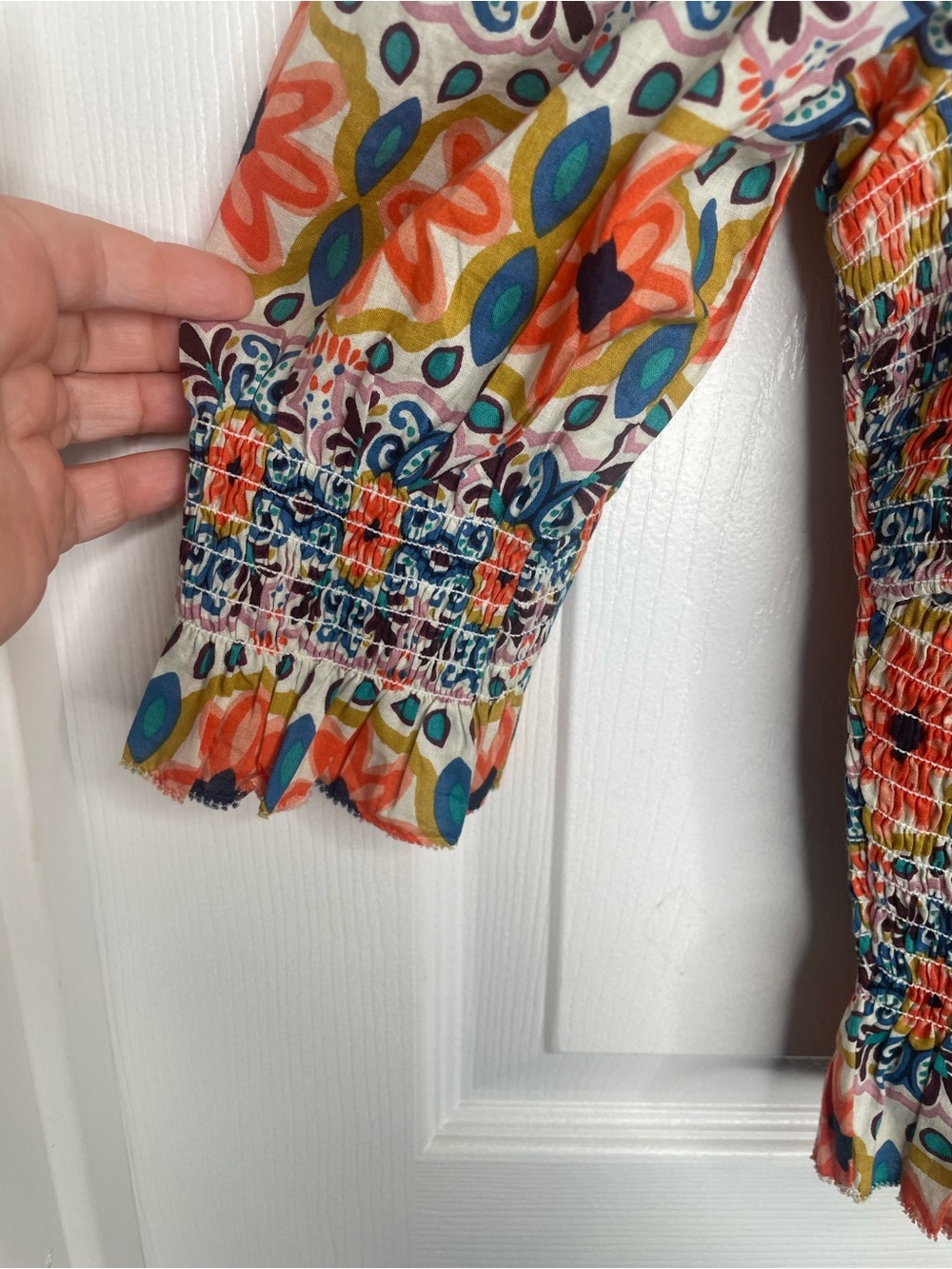 Boden Smocked Bodice Crop Top Multi Tapestry Stripe Ruffle Floral Vacation US 6 - Picture 11 of 15
